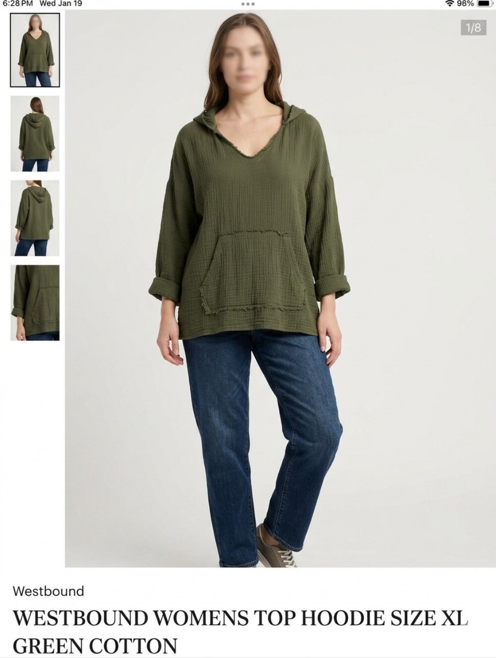WESTBOUND WOMENS TOP HOODIE SIZE XL IN A BEAUTIFUL SAGE GREEN COTTON